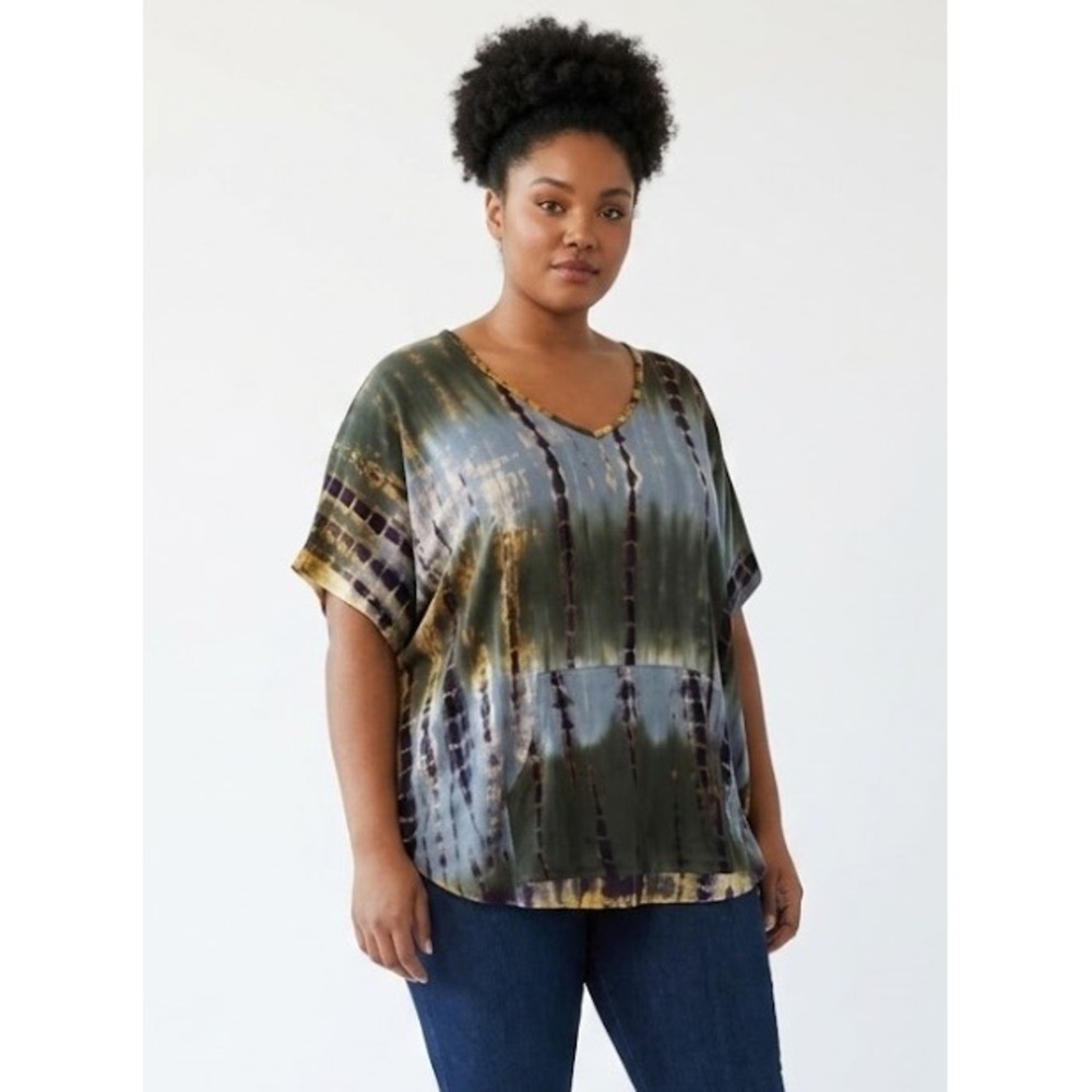 New Coin 1904 Tie Dye V‎ Neck Front Pocket Boho Relaxed Fit Stretch Top 3X